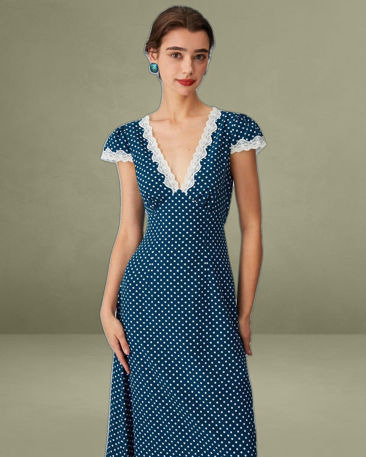 Navy V-Neck Polka Dot Lace Ruched Maxi Dress
