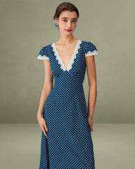 Navy V-Neck Polka Dot Lace Ruched Maxi Dress