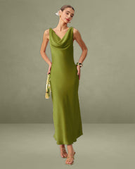Green Satin Cowl Neck Maxi Dress
