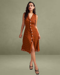 Brown Polka Dot Sleeveless Midi Dress