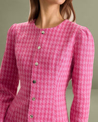 Women's Pink Single-breasted Tweed Mini Dress
