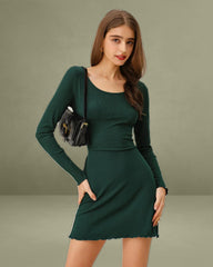 Green A-Line Long Sleeve Mini Dress
