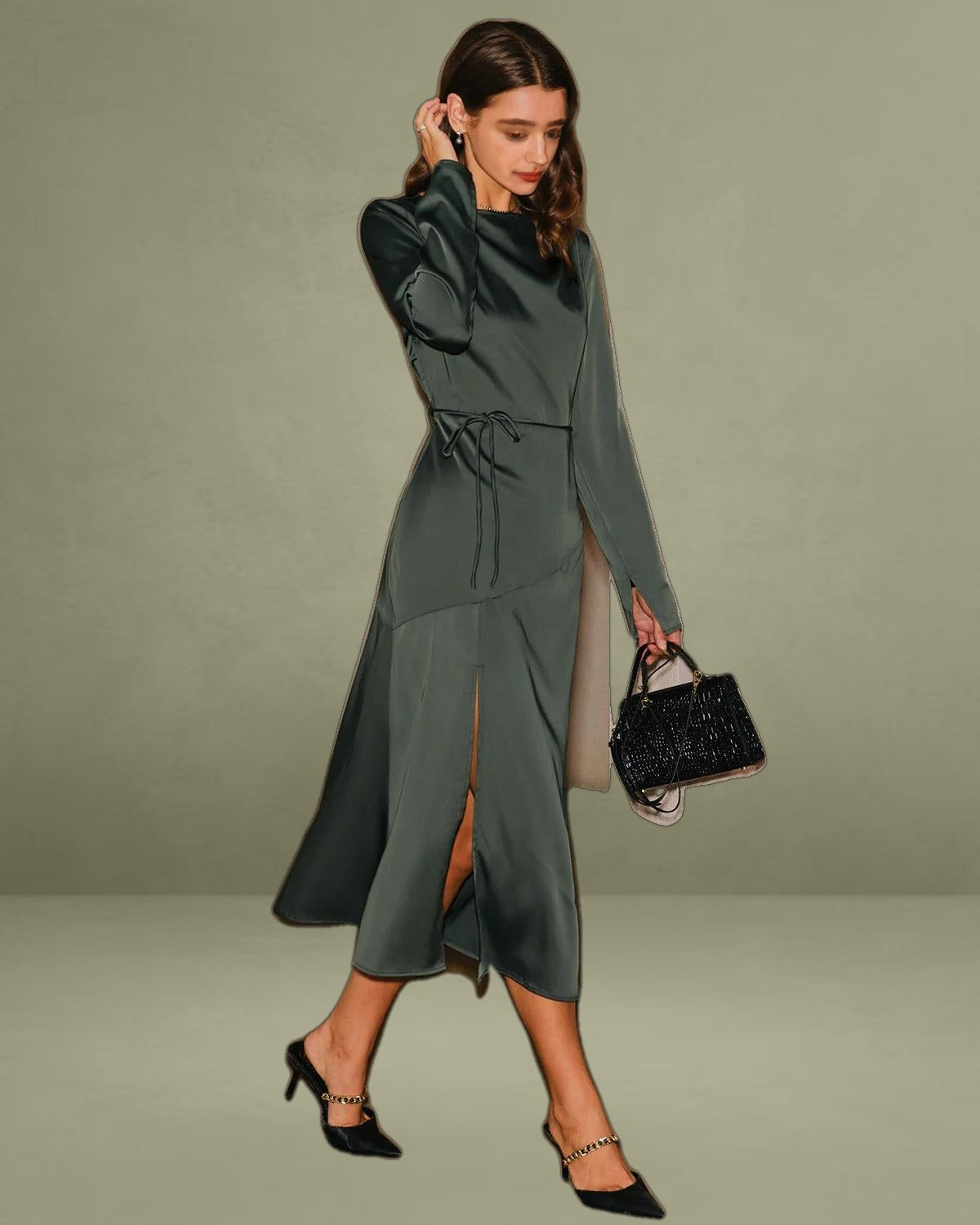 Green Satin Cowl Neck Slit Midi Dress