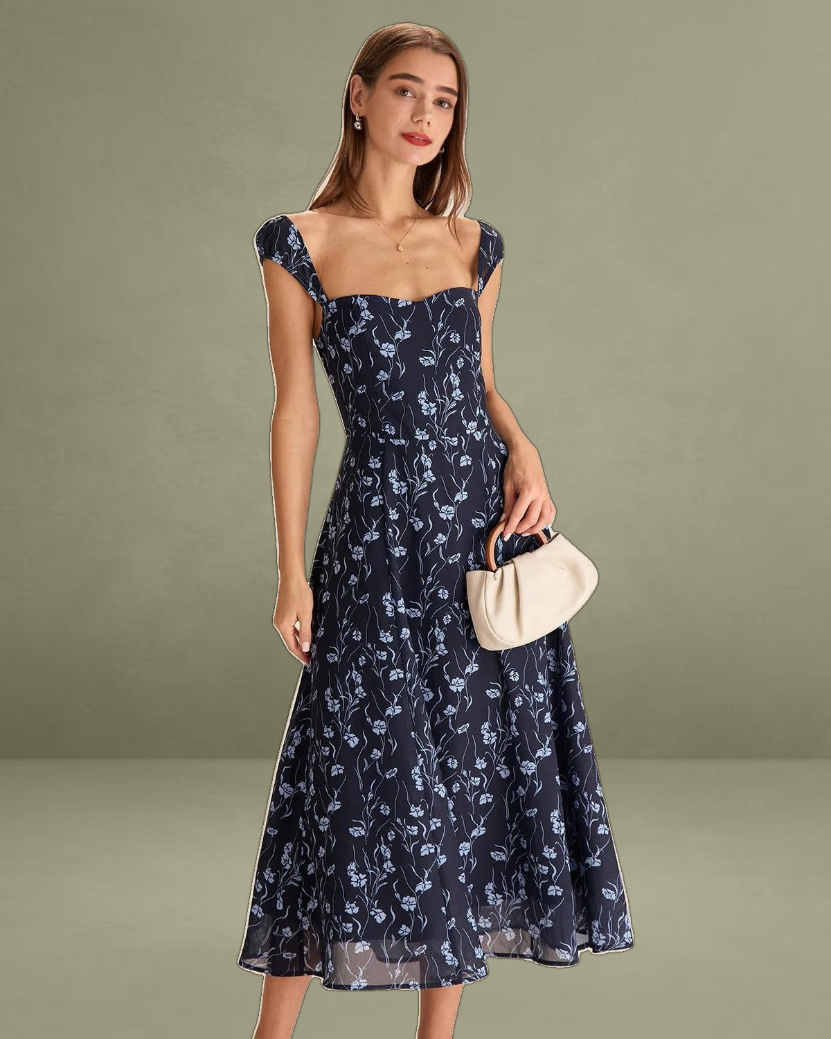 Navy Floral Sweetheart Neck Midi Dress
