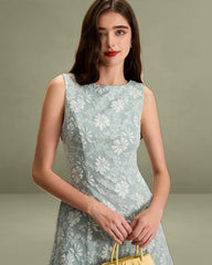 Women's Green Boat Neck Jacquard Mini Dress