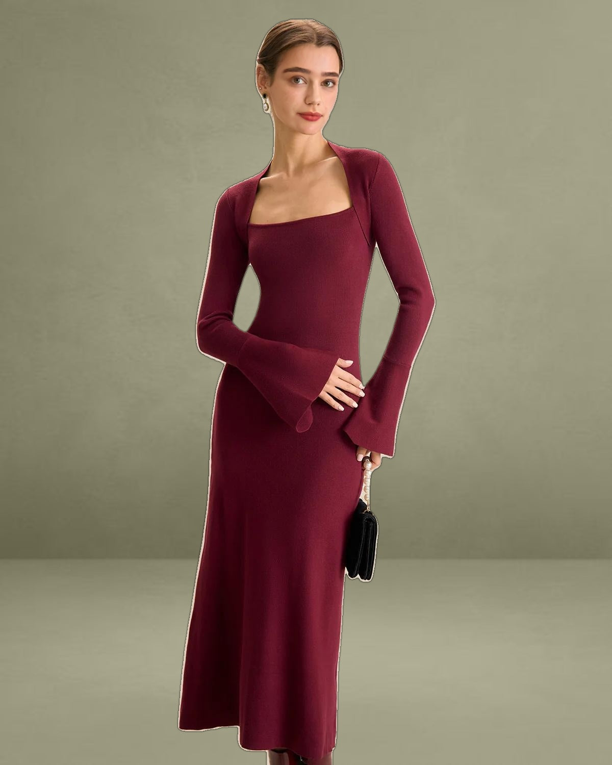 The Red Square Neck Flare Sleeve Midi Dress