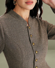 Brown Buttoned Pleated Mini Dress