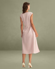 Pink Satin Boat Neck Slit Sleeveless Midi Dress