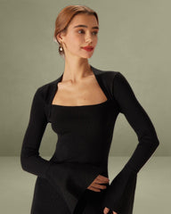 The Black Square Neck Flare Sleeve Midi Dress