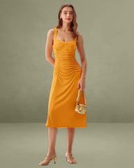 Orange Ruched Knitted Slip Midi Dress