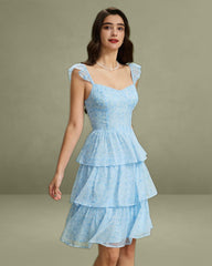 Blue Sweetheart Neck Tiered Midi Dress