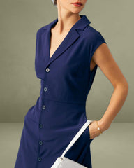 The Navy V Neck Button Cap Sleeve Midi Dress