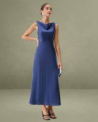 Navy Cowl Neck Satin Sleeveless Maxi Dress