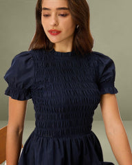 Blue Shirred Puffed Sleeve Mini Dress