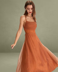 Caramel Mesh Flowy Slip Midi Dress