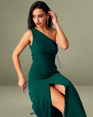 The Green One Shoulder Sleeveless Maxi Dress