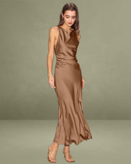 Coffee Satin Boat Neck Slip Midi Dress