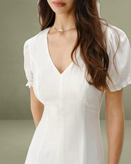 White Puffed Sleeve V Neck Midi Dress