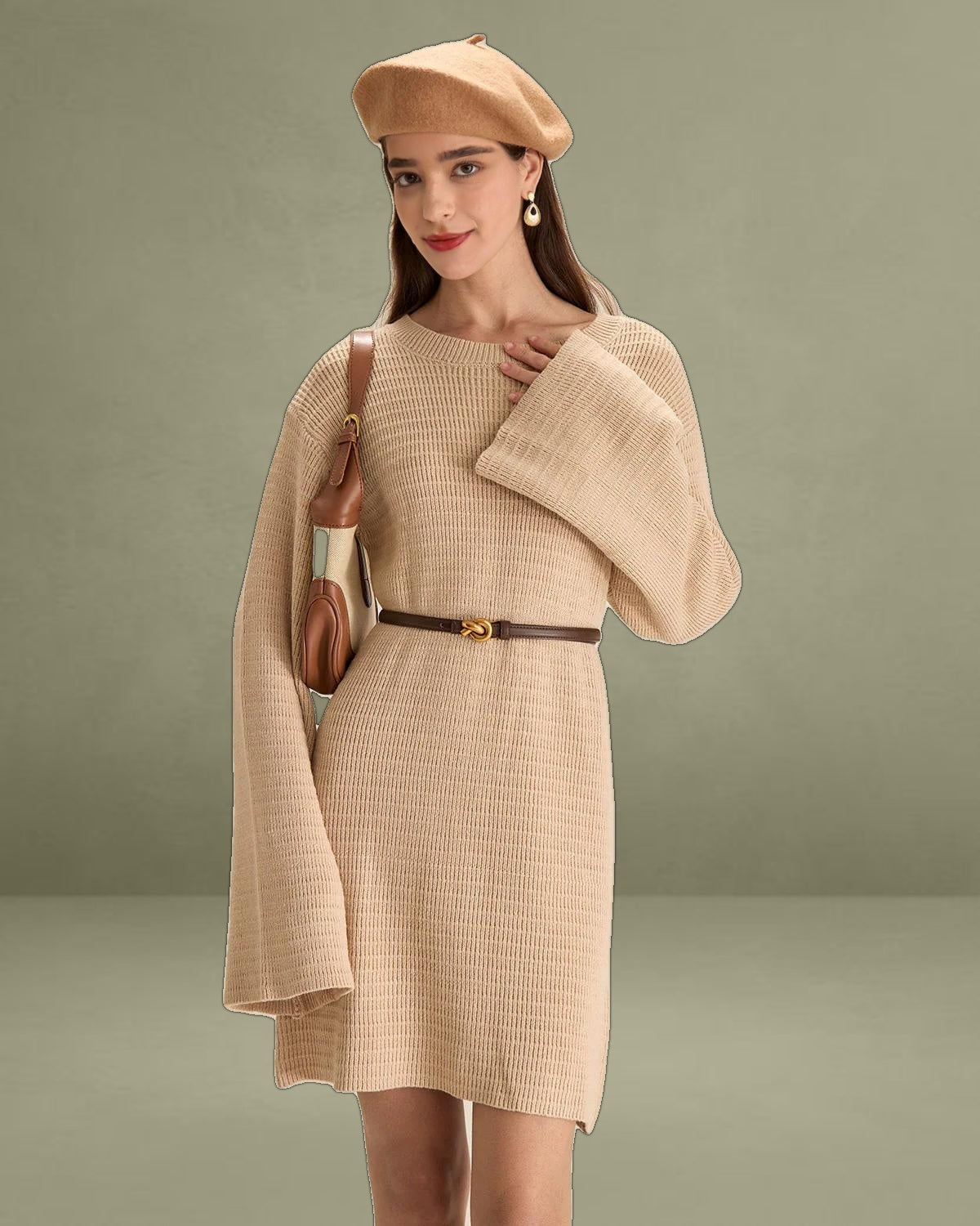 Beige Drop Shoulder Sweater Mini Dress