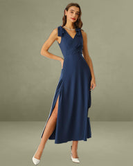 Navy Ruched Wrap A-Line Maxi Dress