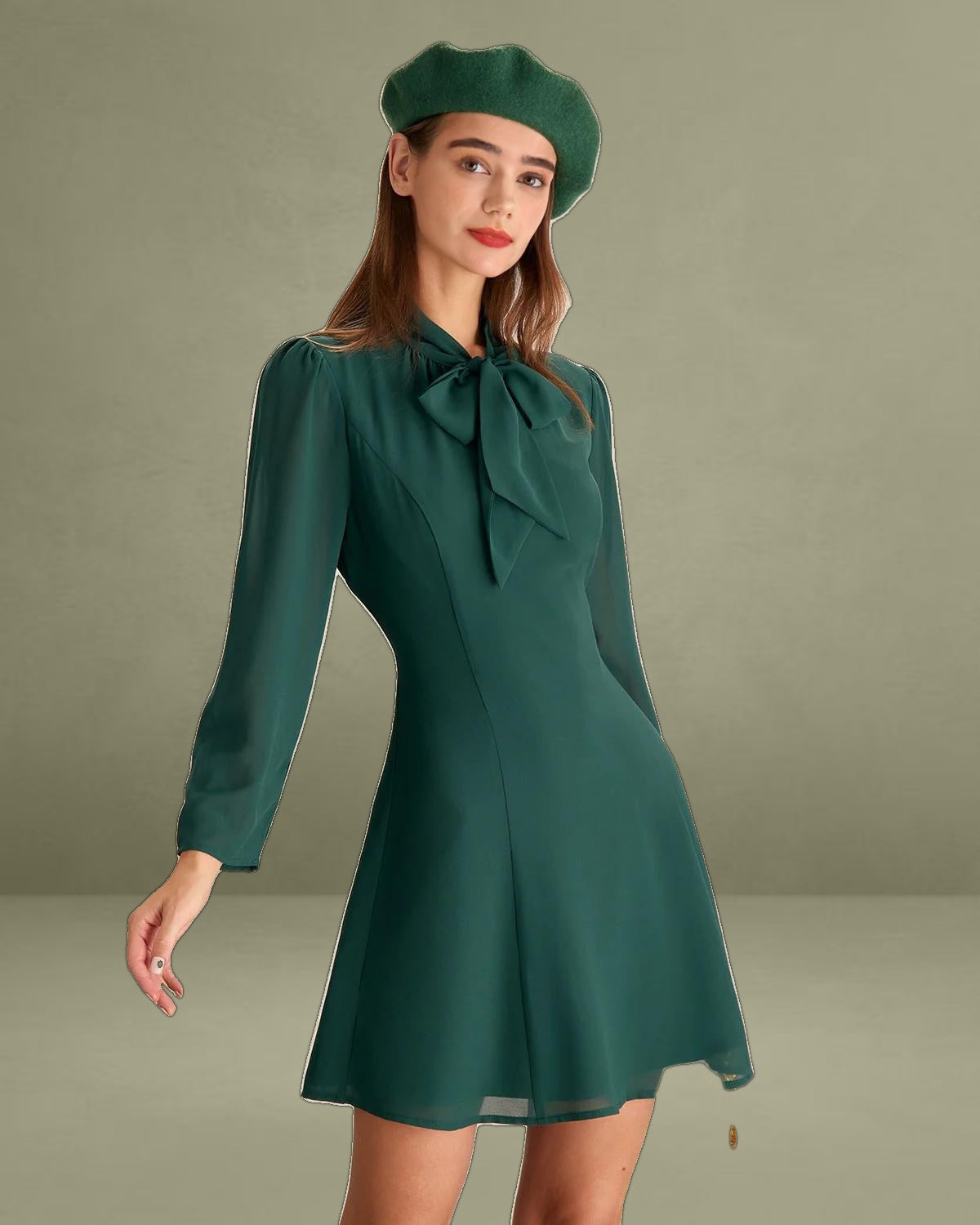 Green Tie Neck See-Through Mini Dress