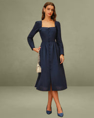 Navy Square Neck A-Line Midi Dress