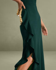 The Green Ruffle Cross Back Strap Maxi Dress
