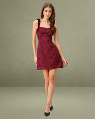 Wine Red Floral Tie Strap Mini Dress