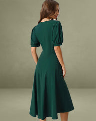 Green V Neck Ruched Midi Dress