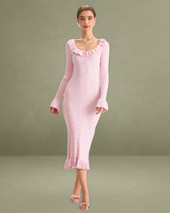 Women's Pink U-Neck Ruffle Bodycon Sweater Dress