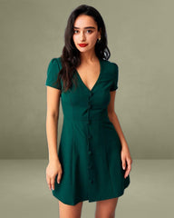 The Dark Green V Neck Button-up Shirt Mini Dress