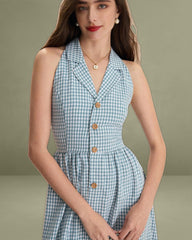The Blue Lapel Plaid Sleeveless Shirt Midi Dress