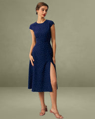 The Navy Round Neck Polka Dot Cutout Midi Dress