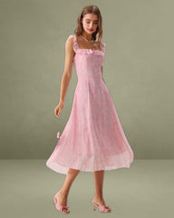 Pink Square Neck Ruffle Midi Dress