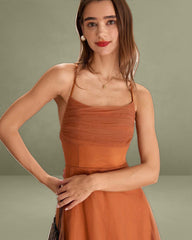Caramel Mesh Flowy Slip Midi Dress