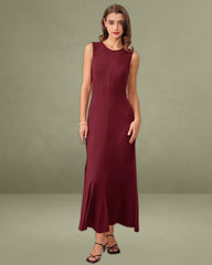 Red Round Neck A-Line Sleeveless Maxi Dress