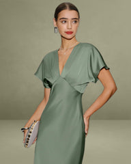 Green Satin V Neck Midi Dress