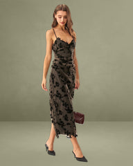 Coffee Floral A-Line Slip Midi Dress