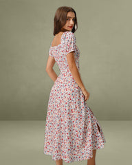 Grey Floral Square Neck Puffed Sleeve Midi Dress