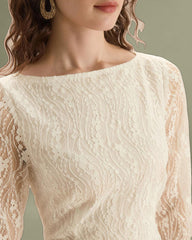 Apricot Lace Boat Neck Long Sleeve Midi Dress