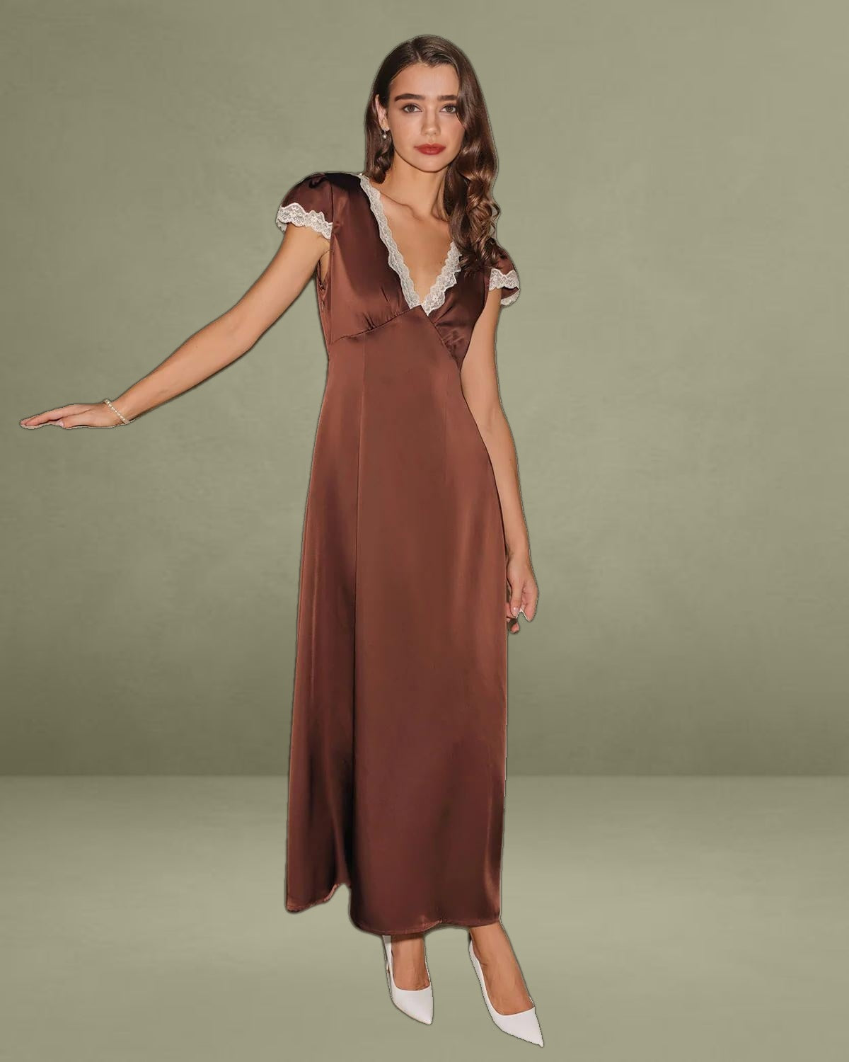 Brown Satin V Neck Lace Maxi Dress