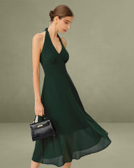 Green Chiffon A-Line Halter Midi Dress