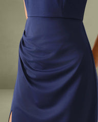 Navy Ruched Slit Slip Maxi Dress