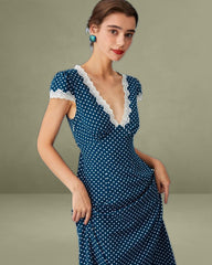 Navy V-Neck Polka Dot Lace Ruched Maxi Dress
