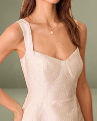 White Sweetheart Neck Jacquard Midi Dress