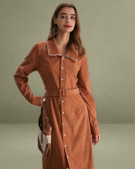 Caramel Belted A-Line Midi Dress
