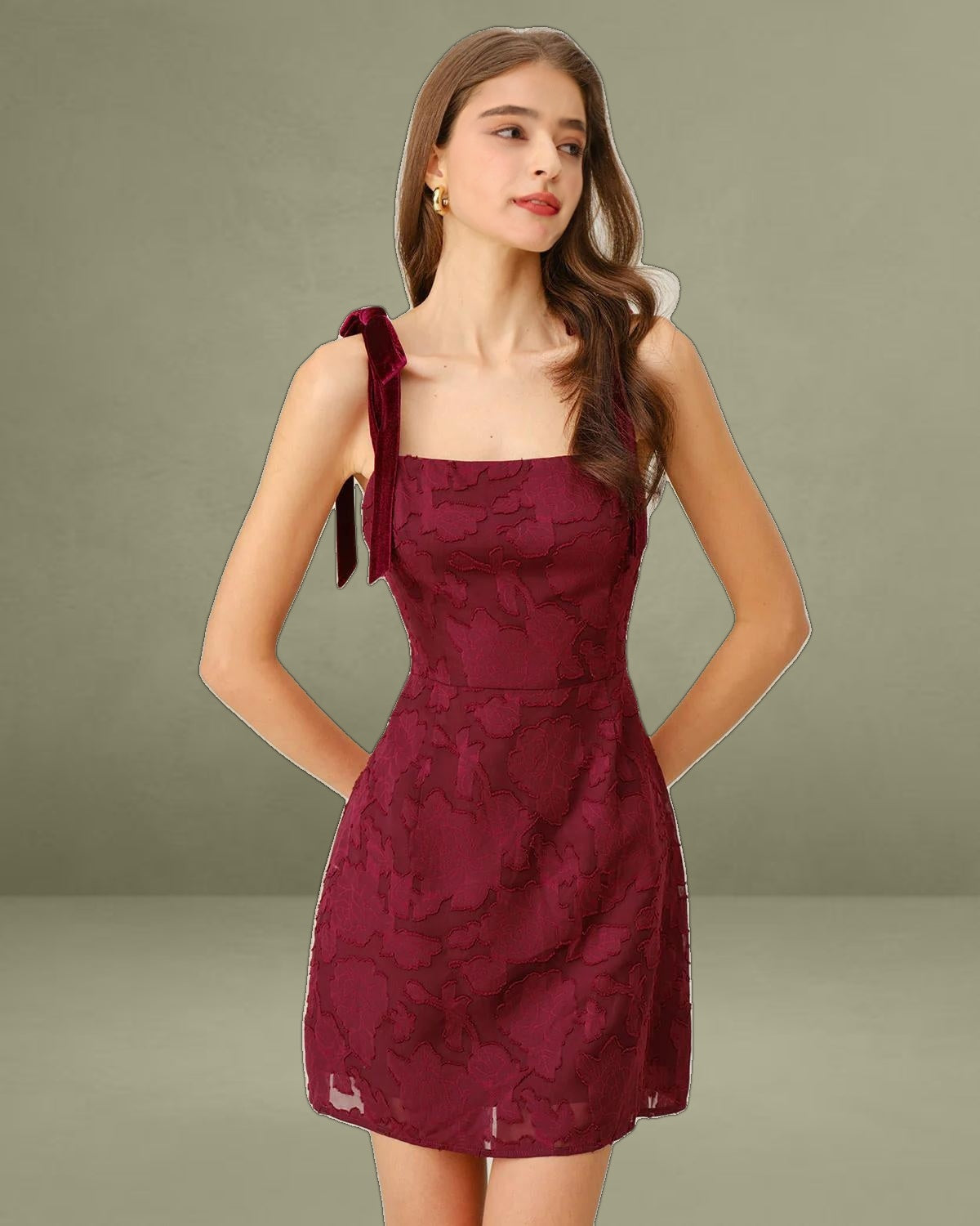Wine Red Floral Tie Strap Mini Dress