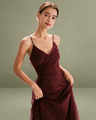 The Wine Red V Neck Mesh Wrap Maxi Dress