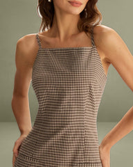 Brown Plaid Slip-on Mini Dress