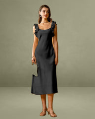 Black Ruffle Square Neck Slip Midi Dress